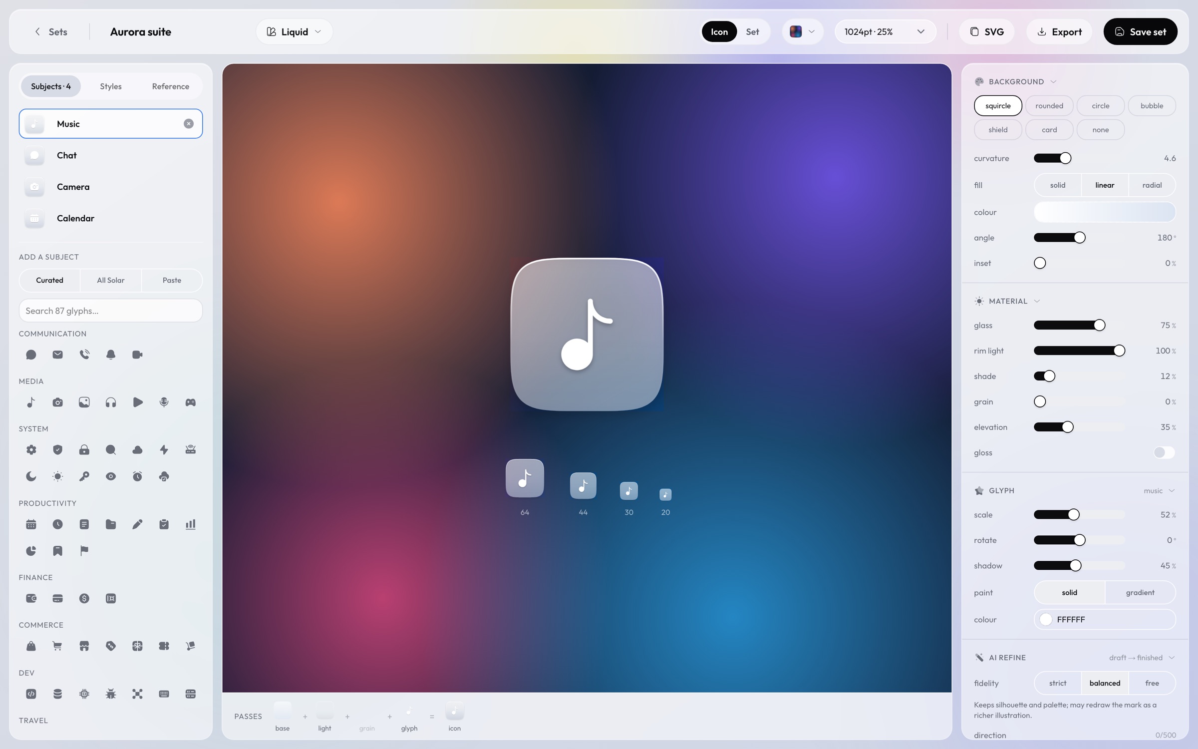 The yIcon Studio: a rail of subjects and styles, a stage showing a glass music icon at 1024pt with its 64/44/30/20 size ramp, and an inspector of background, material and glyph controls.